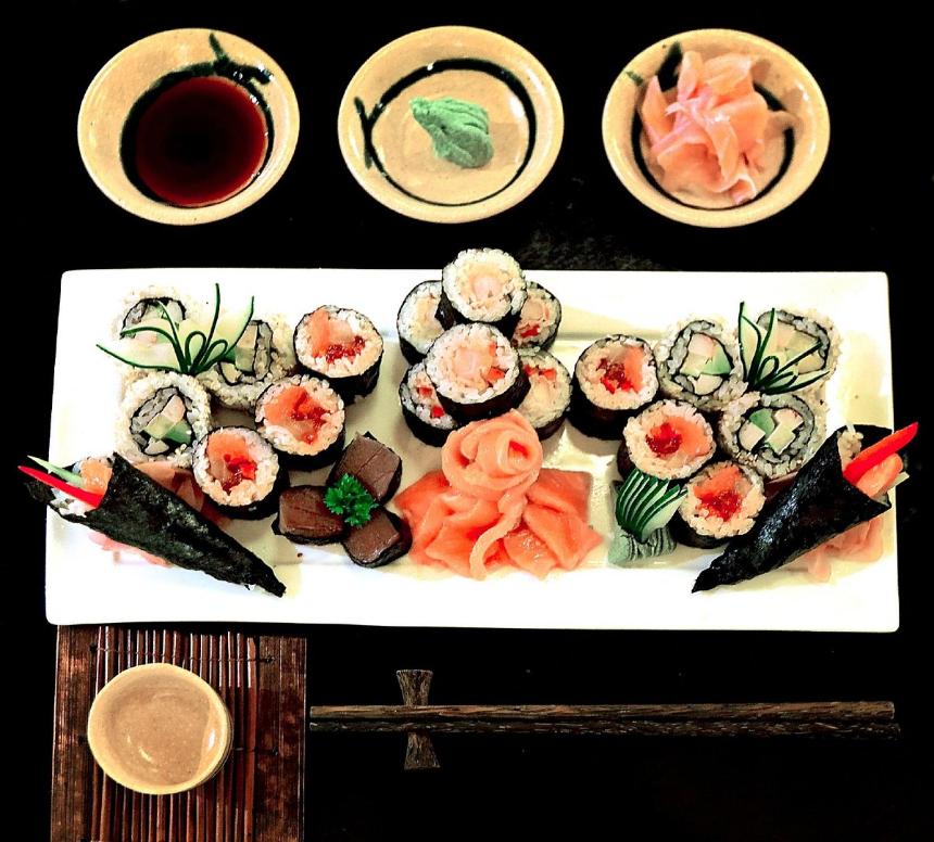 Sazanami Restaurant sazanami restaurant sushi rolls with sauce bowls