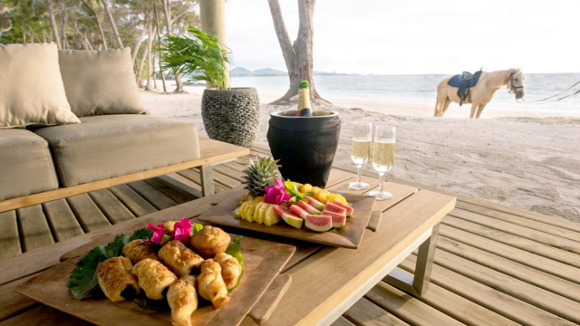 Fresh fruit pastries and champagne served at Turtle Island Resort dining
